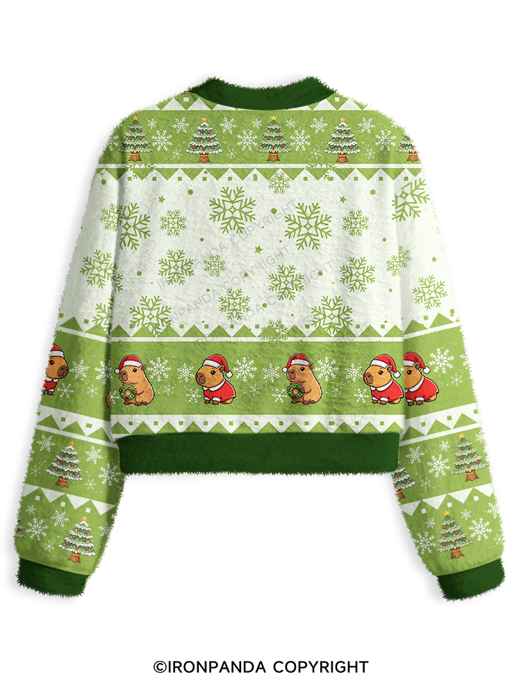 Funny Weightlifting Capybara Fuzzy Fleece Crop Sweater