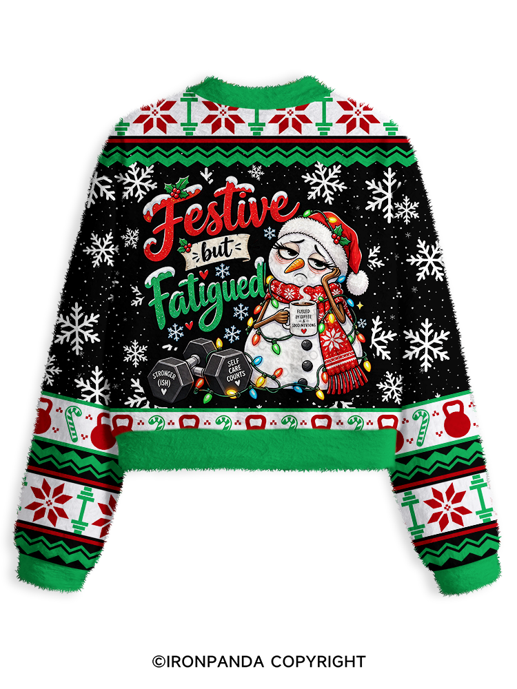 Funny Christmas Workout Snowman Fuzzy Fleece Crop Sweater