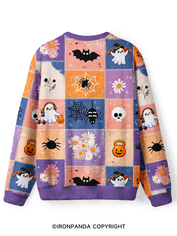 GHOST PATCHWORK HALLOWEEN PARTY Ugly Fuzzy Fleece Sweater