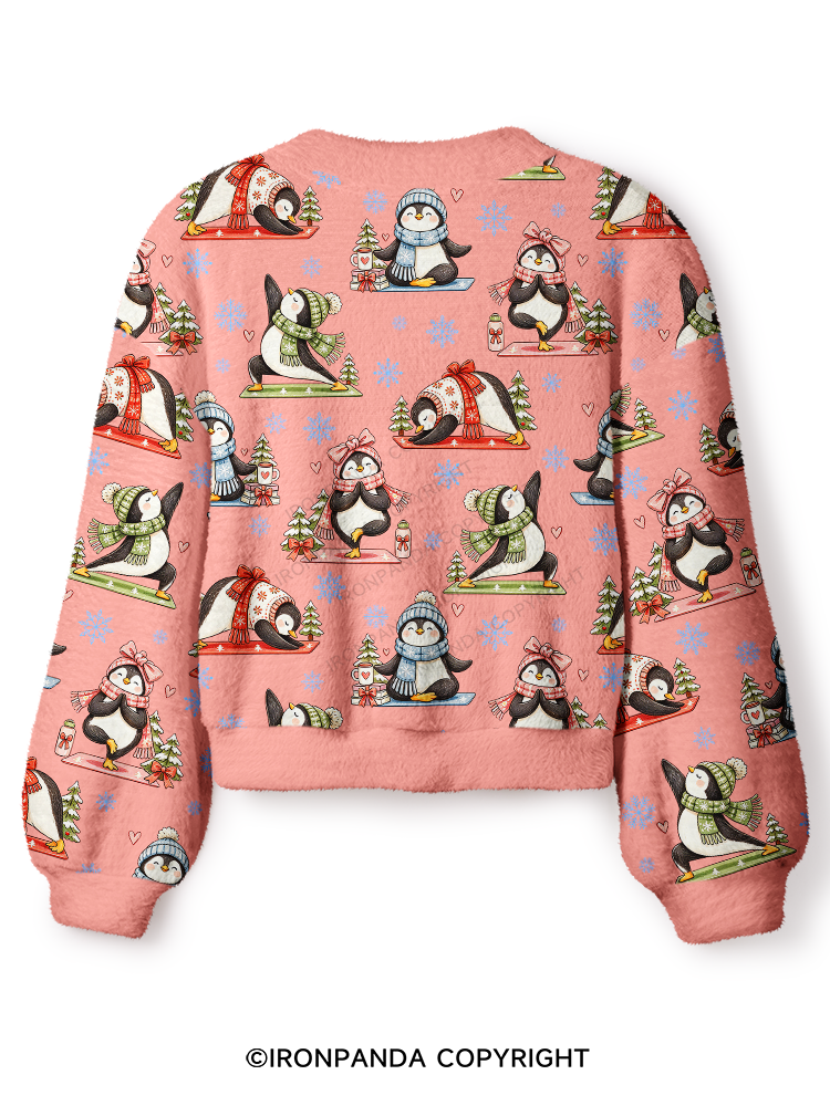 Christmas Yoga Penguin Crop Ugly Cardigan Sweater