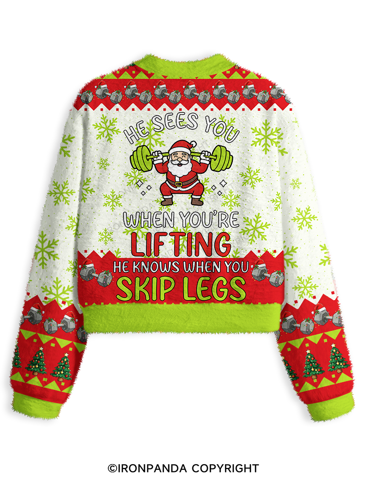 Santa Lifting Weights Skip Legs Fuzzy Fleece Crop Sweater
