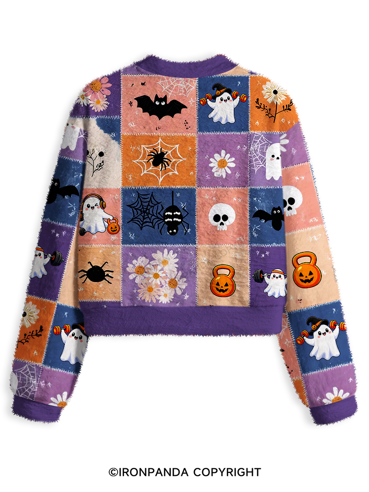 GHOST PATCHWORK HALLOWEEN PARTY Fuzzy Fleece Crop Sweater