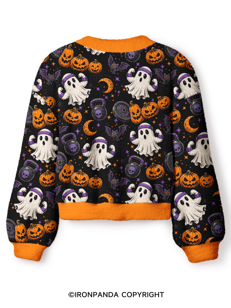 Spooky Fitness Kettlebell Pumpkin Workout Crop Ugly Cardigan Sweater