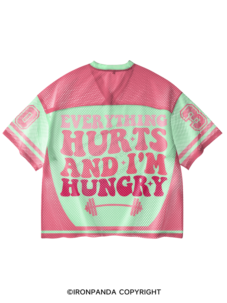 EVERYTHING HURTS AND I'M HUNGRY SMILE V-Neck Open Hole Mesh Top