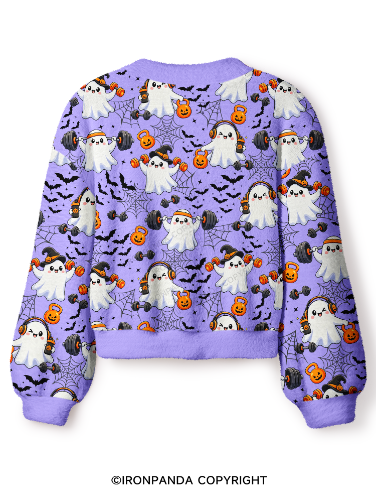 GHOST GYM OF PUMPKINS AND BARBELLS Crop Ugly Cardigan Sweater