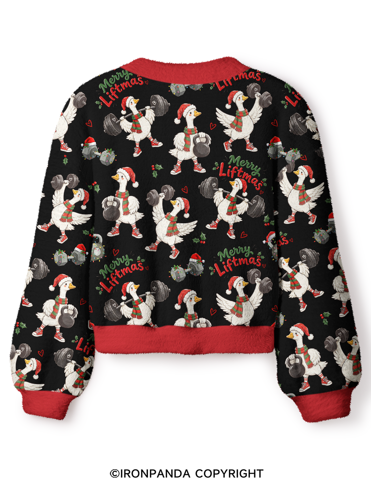 Weightlifting Christmas Goose (Merry Liftmas) Crop Ugly Cardigan Sweater