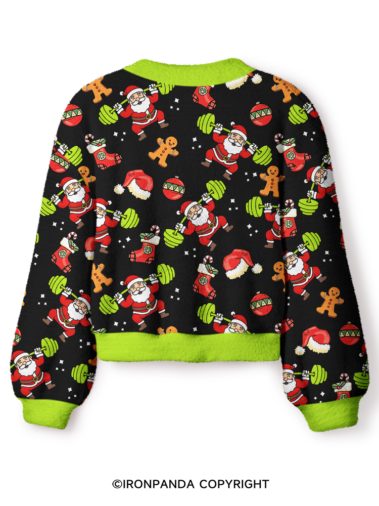Santa Lifting Weights Skip Legs Funny Holiday Gym Crop Ugly Cardigan Sweater