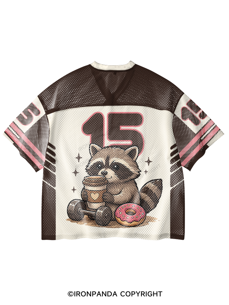 POWERED BY CAFFEINE & BAD DECISIONS RACCOON V-Neck Open Hole Mesh Top