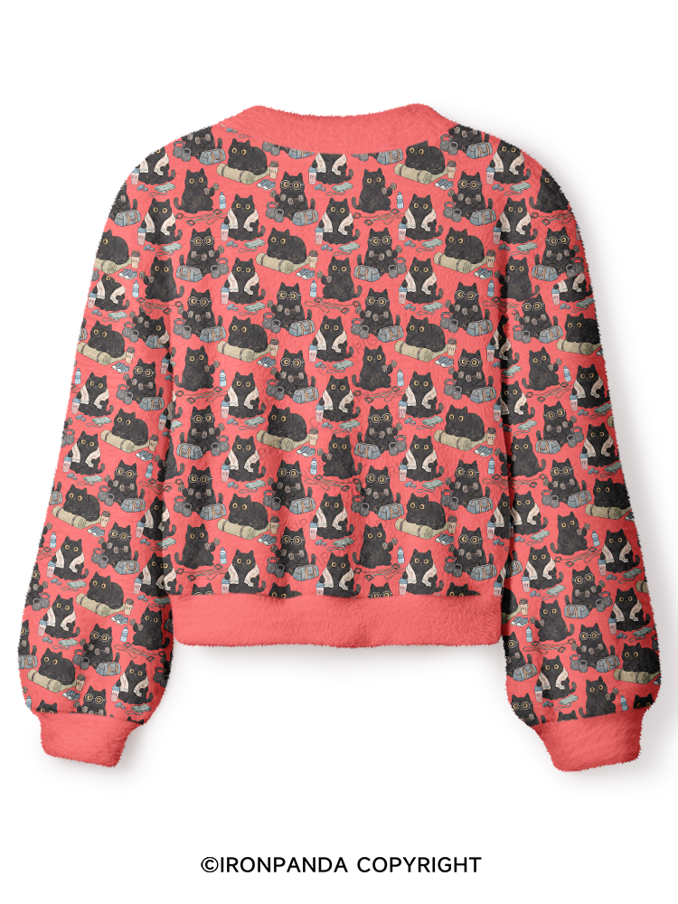 Black Cat Fitness Crop Ugly Cardigan Sweater