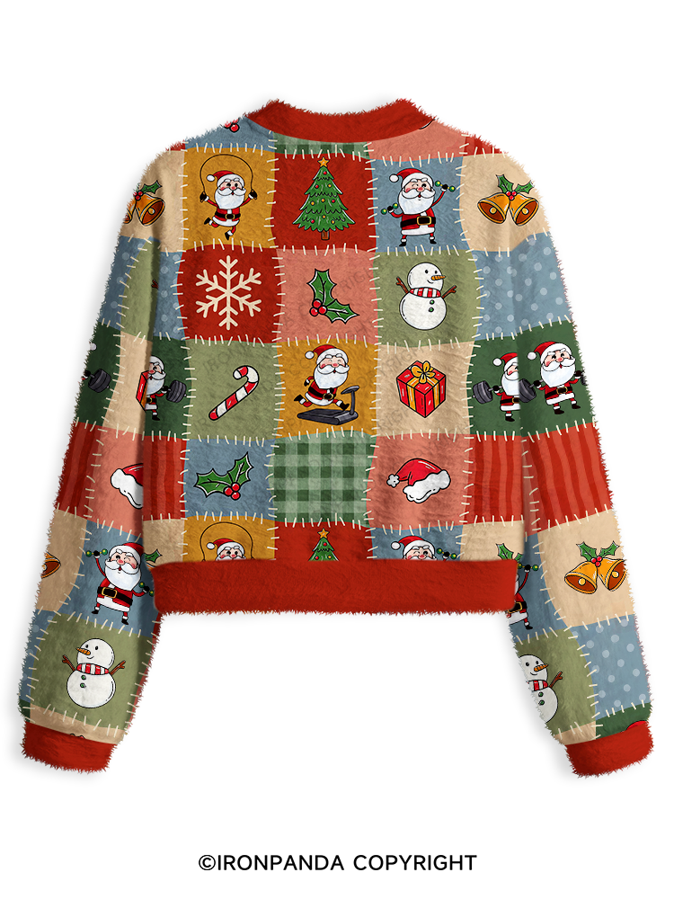 FITNESS SANTA PATCHWORK CHRISTMAS Fuzzy Fleece Crop Sweater