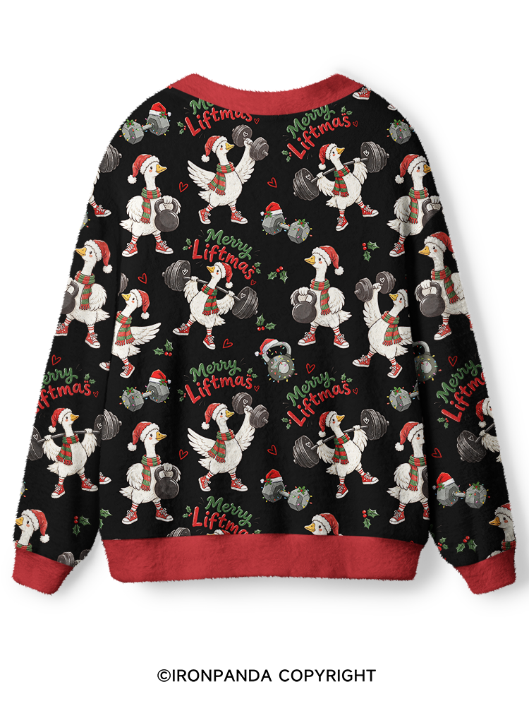 Weightlifting Christmas Goose (Merry Liftmas) Ugly Cardigan Sweater