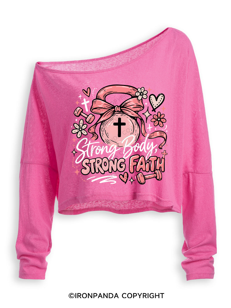 STRONG BODY, STRONG FAITH JESUS Off Shoulder Long Sleeve Crop Top