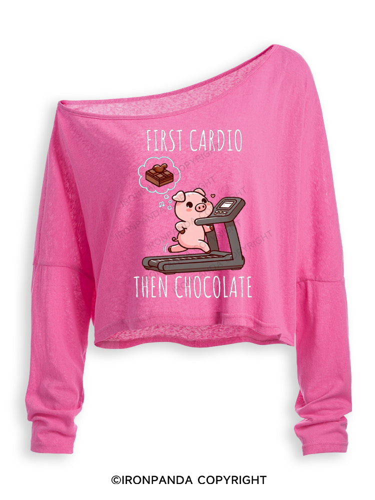 FIRST CARDIO THEN CHOCOLATE Off Shoulder Long Sleeve Crop Top