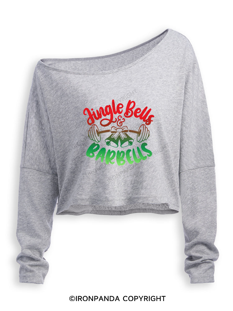 JINGLE BELLS & BARBELLS Off Shoulder Long Sleeve Crop Top