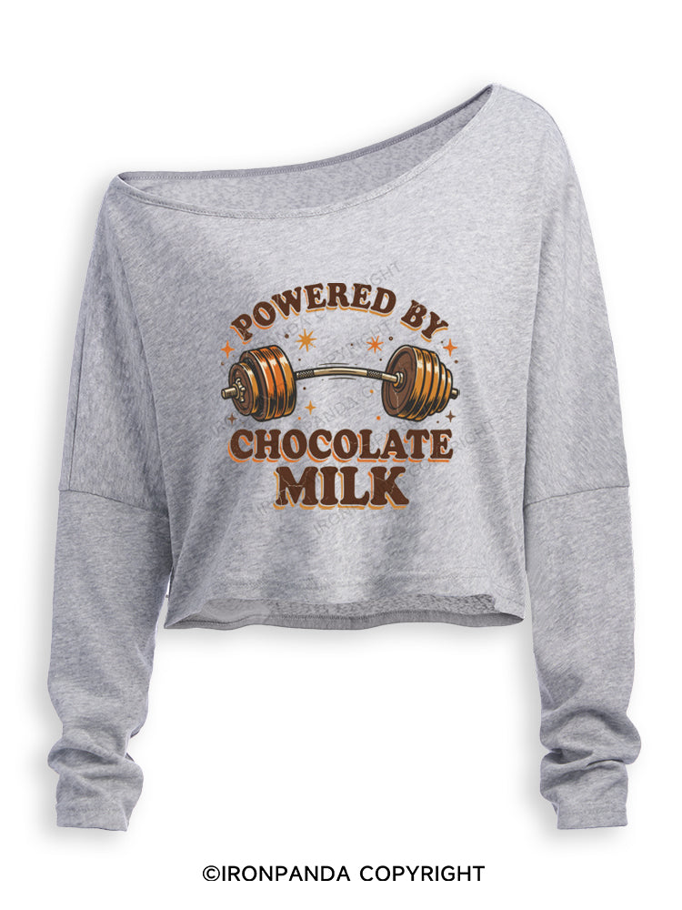 POWERED BY CHOCOLATE MILK FUNNY GYM Off Shoulder Long Sleeve Crop Top