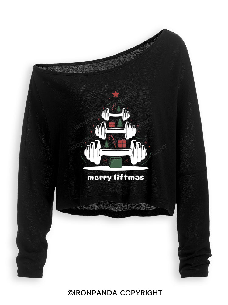 Merry Liftmas Funny Christmas Gym Off Shoulder Long Sleeve Crop Top