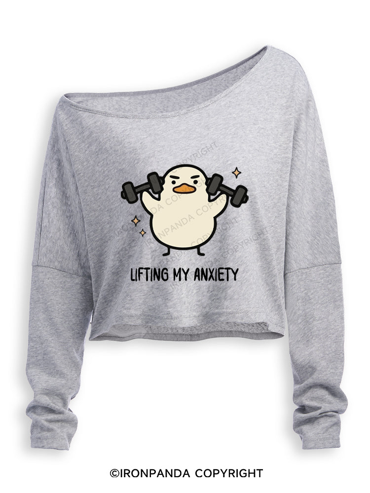 LIFTING MY ANXIETY WEIGHTLIFTING DUCK Off Shoulder Long Sleeve Crop Top