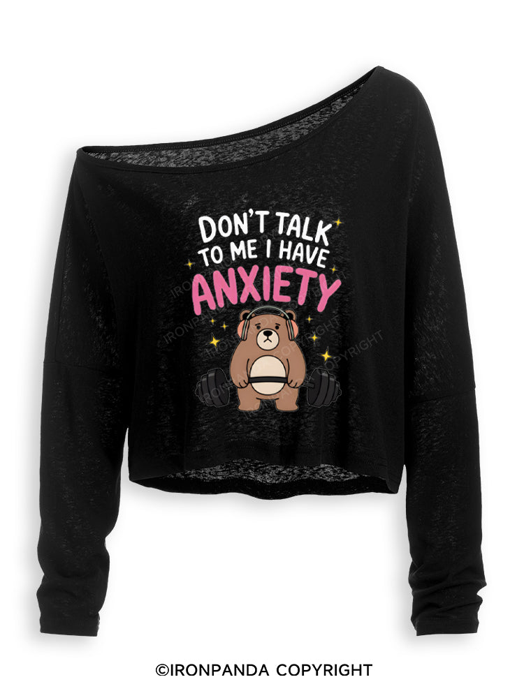 Bear Lifting Weights Anxiety Off Shoulder Long Sleeve Crop Top
