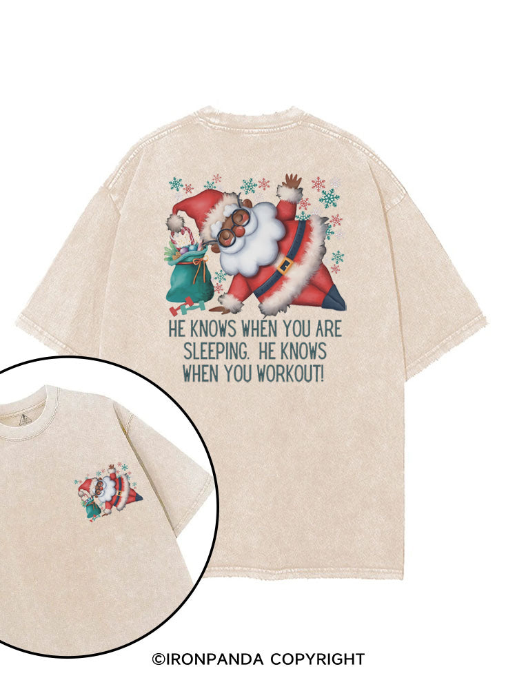 Funny Christmas Santa Knows When You Workout printed Gym Shirt