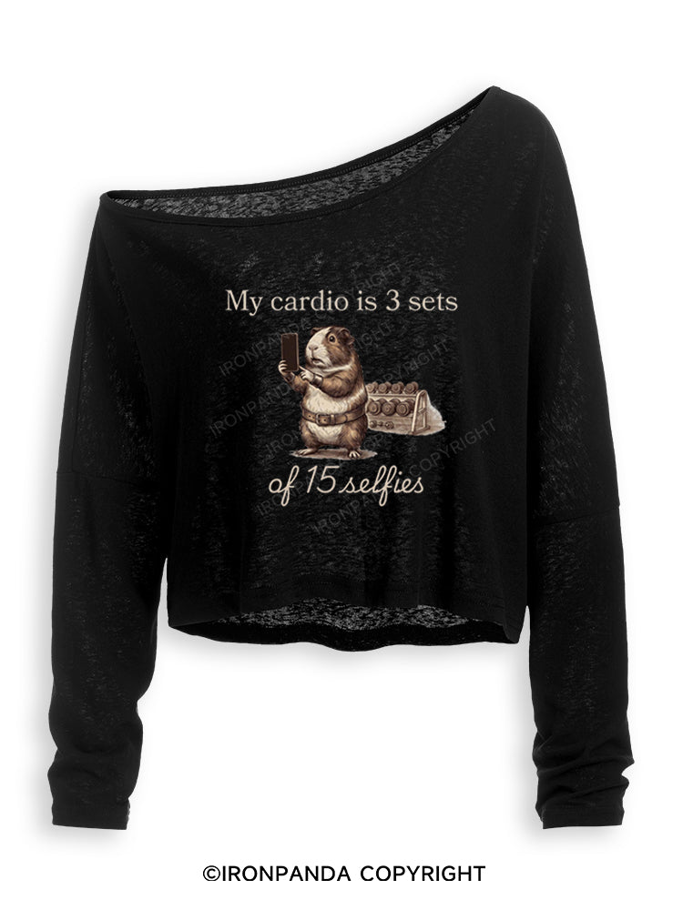 MY CARDIO IS 3 SETS OF 15 SELFIES GUINEA PIG Off Shoulder Long Sleeve Crop Top