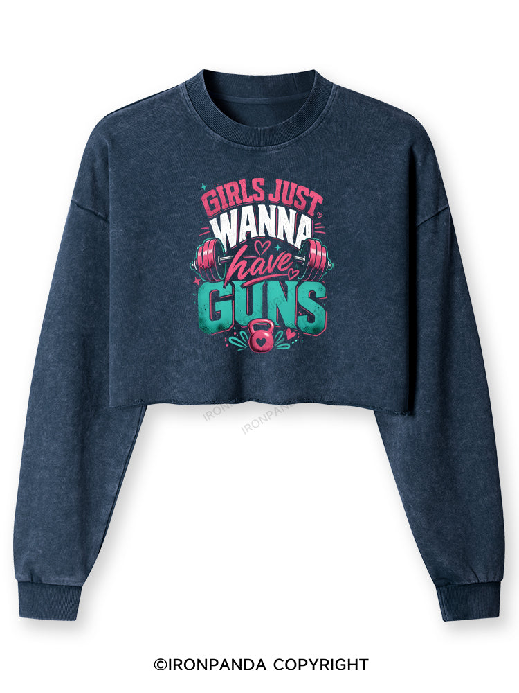 GIRLS JUST WANNA HAVE GUNS WORKOUT Washed Long-Sleeve Crop Top
