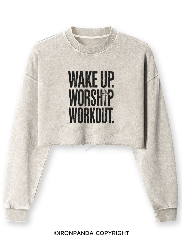 WAKE UP WORSHIP WORKOUT JESUS Washed Long-Sleeve Crop Top