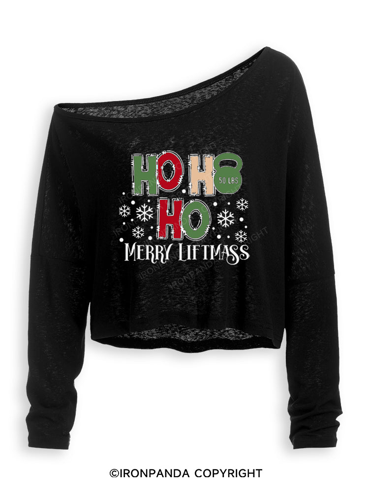 HOHOHO MERRY LIFTMASS Off Shoulder Long Sleeve Crop Top