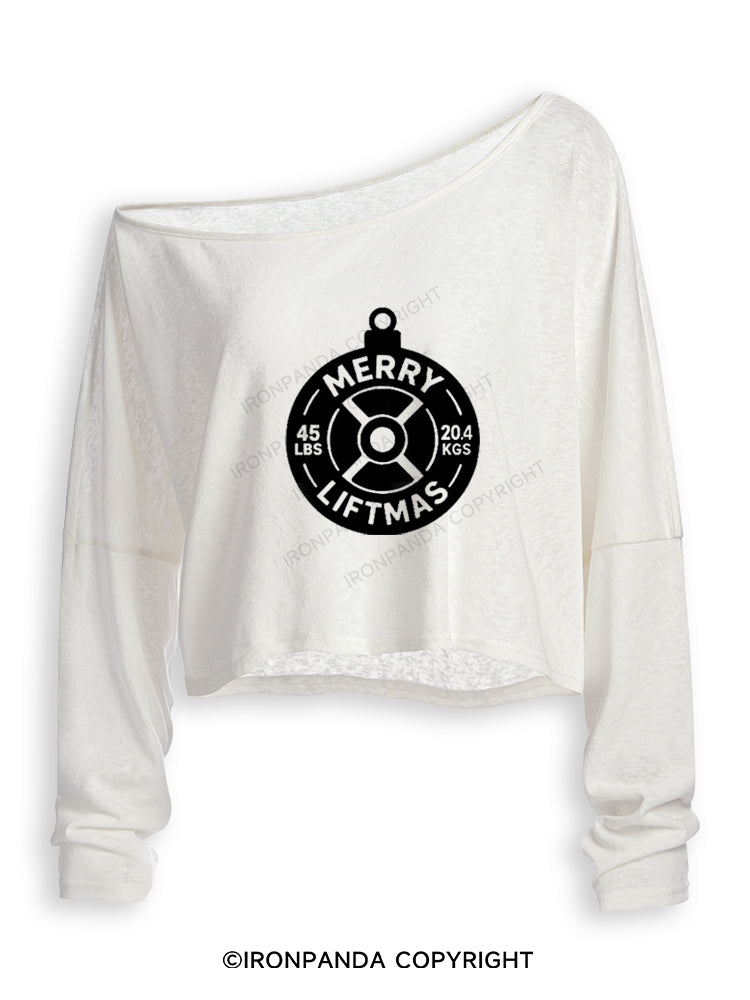 MERRY LIFTMAS WEIGHT PLATE ORNAMENT Off Shoulder Long Sleeve Crop Top