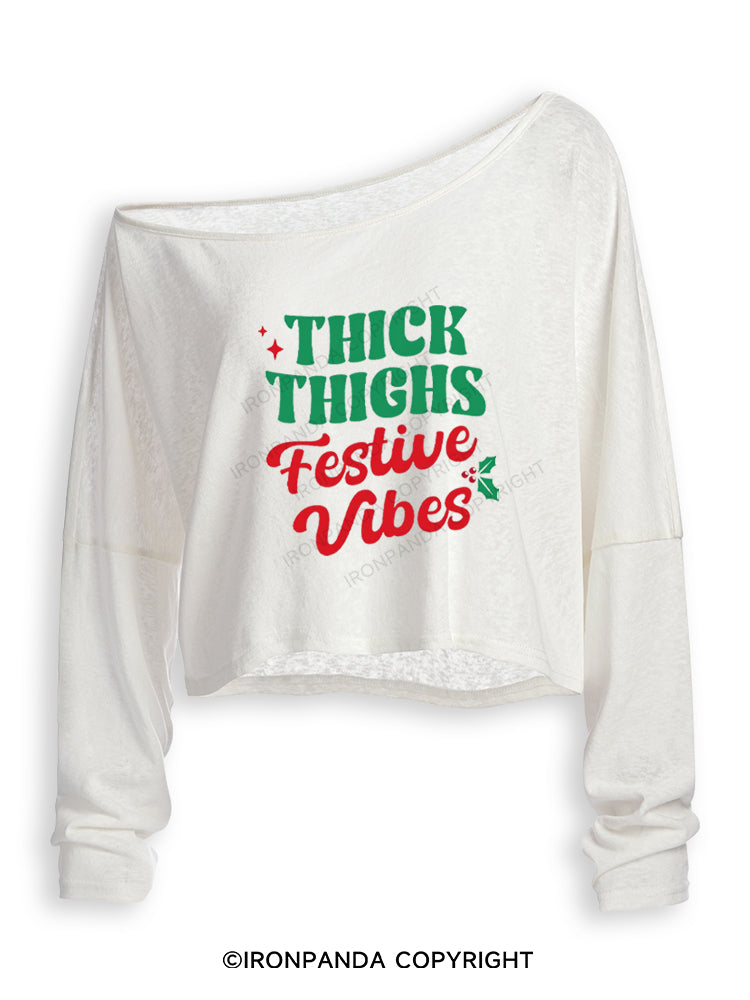 THICK THIGHS FESTIVE VIBES Off Shoulder Long Sleeve Crop Top