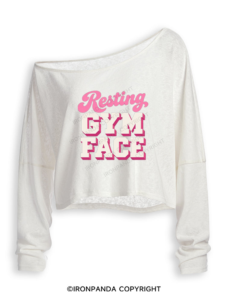 RESTING GYM FACE FUNNY WORKOUT Off Shoulder Long Sleeve Crop Top