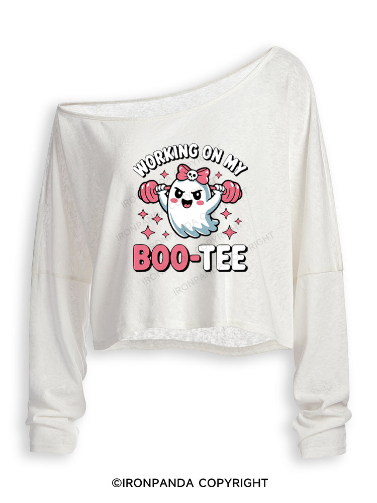 WORKING ON MY BOO-TEE CUTE GHOST Off Shoulder Long Sleeve Crop Top