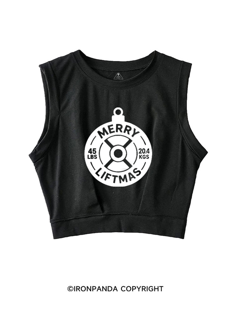 MERRY LIFTMAS WEIGHT PLATE ORNAMENT SLEEVELESS CROP TOPS