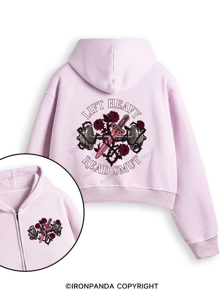 LIFT HEAVY READ SMUT Fleece Crop Zip Up Hoodie