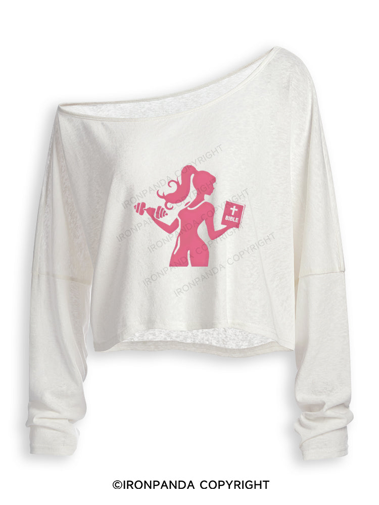BADDIE GYM GIRL GOD'S GIRL Off Shoulder Long Sleeve Crop Top