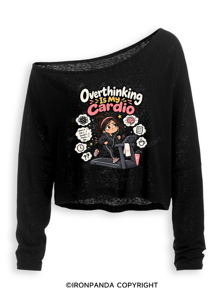 OVERTHINKING IS MY CARDIO FUNNY WORKOUT Off Shoulder Long Sleeve Crop Top