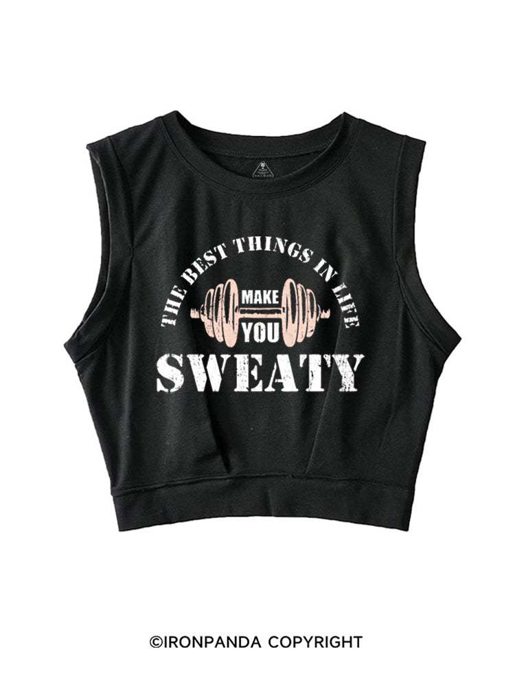 THE BEST THINGS IN LIFE MAKE YOU SWEATY SLEEVELESS CROP TOPS
