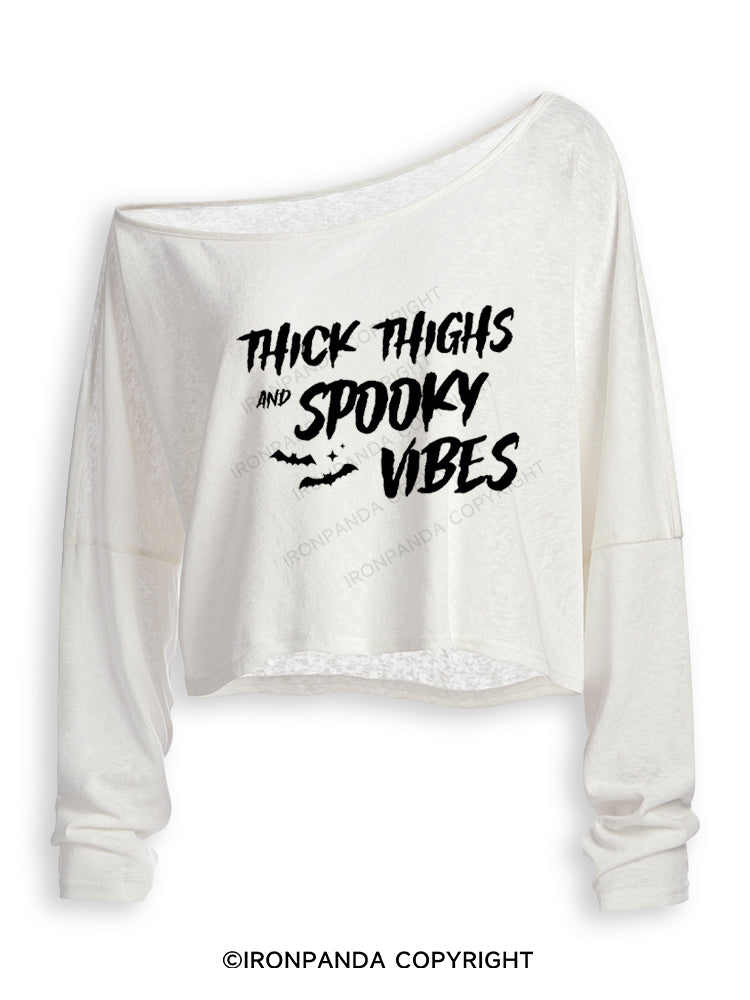 THICK THIGHS AND SPOOKY VIBES HALLOWEEN SEASON Off Shoulder Long Sleeve Crop Top