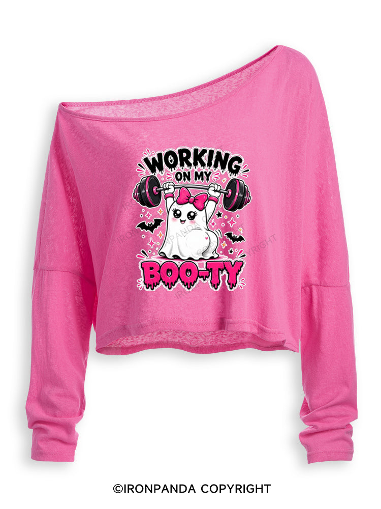 WORKING ON MY BOO-TY CUTE GYM GHOST Off Shoulder Long Sleeve Crop Top