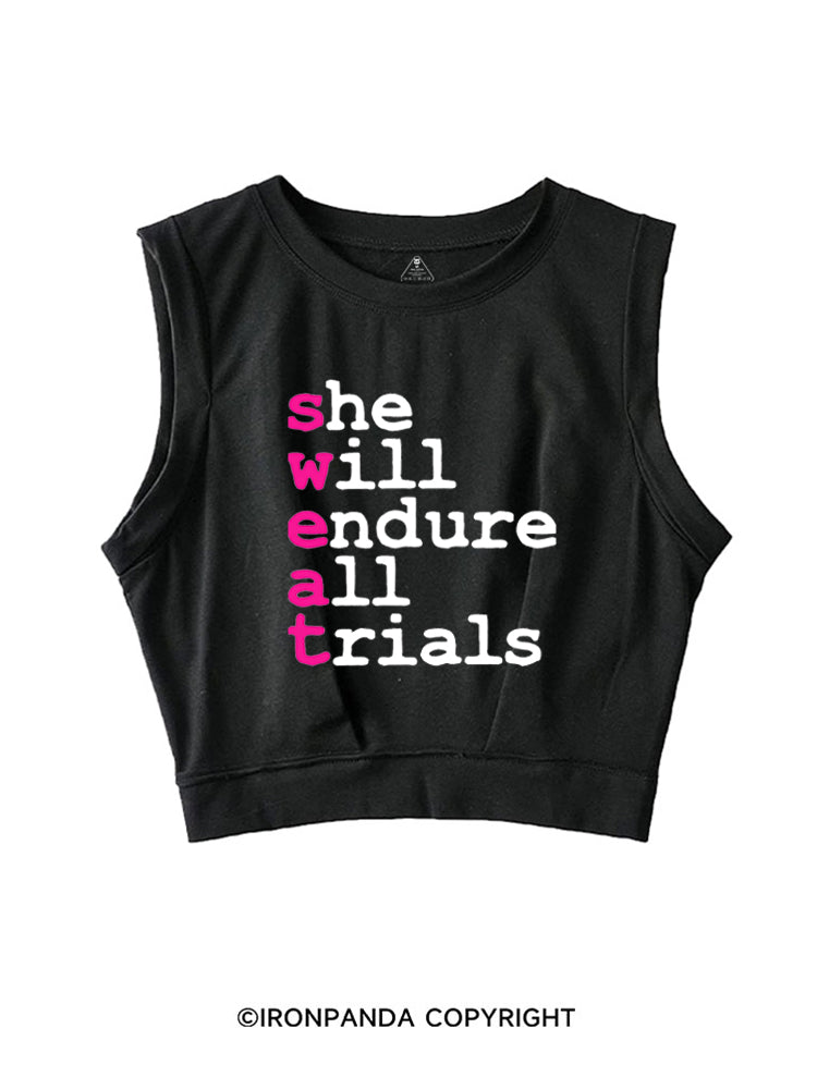 SWEAT She Will Endure All Trials SLEEVELESS CROP TOPS