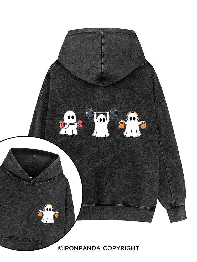 GHOST LIFTING WEIGHTS BARBELL GYM LOVERS Printed Washed Gym Hoodie