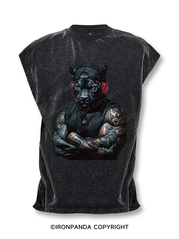 Black Panther with headphones Cut Off Tank