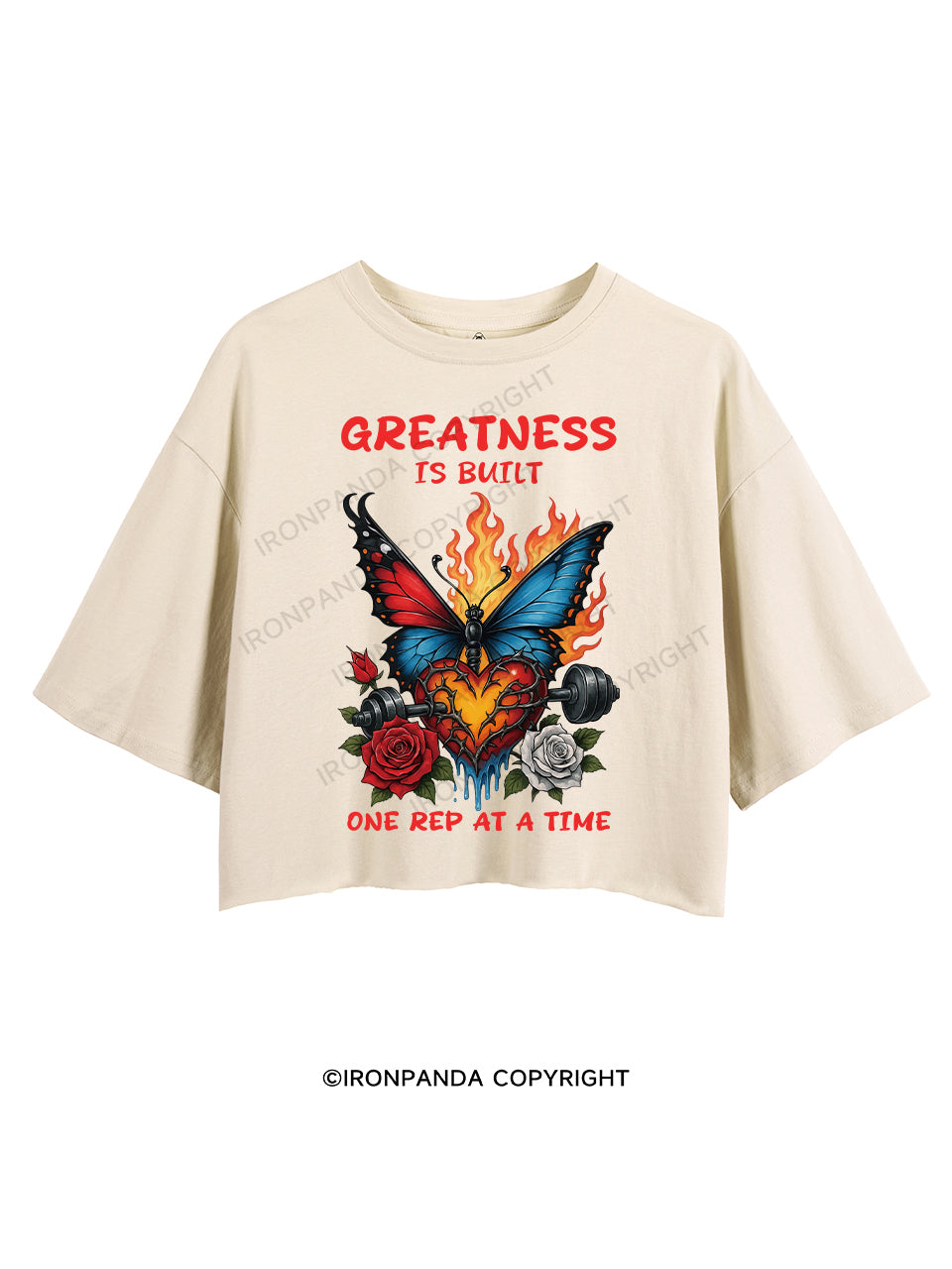 GREATNESS IS BUILT ONE REP AT A TIME CROP TOPS