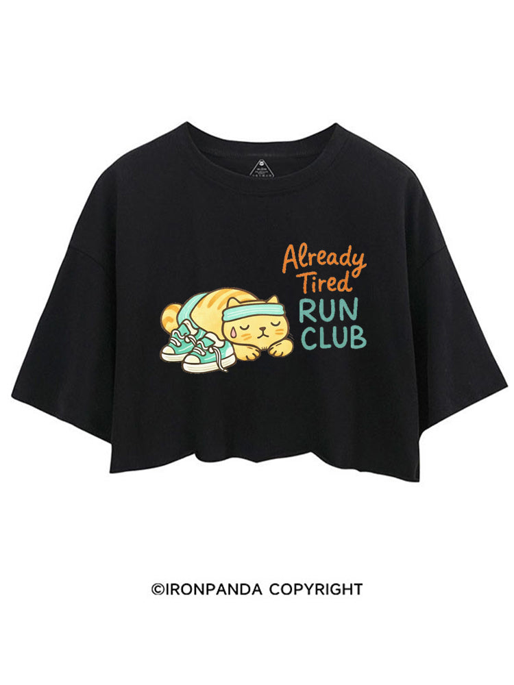 ALREADY TIRED RUN CLUB FUNNY KITTY CROP TOPS