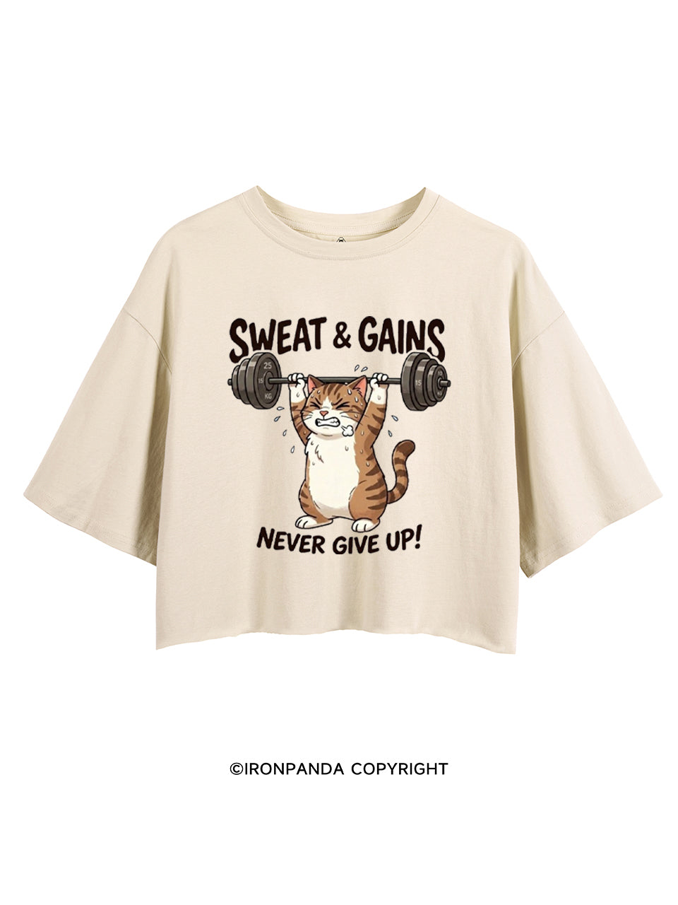 SWEAT & GAINS NEVER GIVE UP! TIRED CAT CROP TOPS