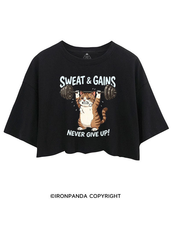 SWEAT & GAINS NEVER GIVE UP! TIRED CAT CROP TOPS