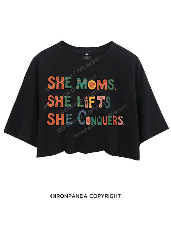 SHE MOMS. SHE LIFTS. SHE CONQUERS CROP TOPS