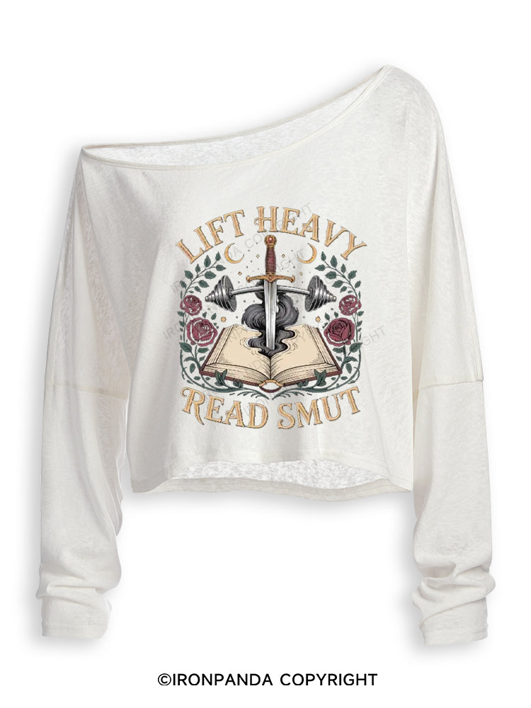 Lift Heavy Read Smut Gym Romance Reader Off Shoulder Long Sleeve Crop Top