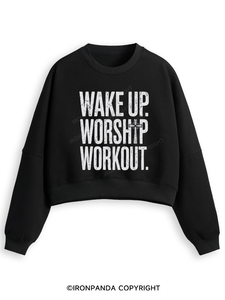 WAKE UP WORSHIP WORKOUT JESUS Fleece Crop Sweatshirt