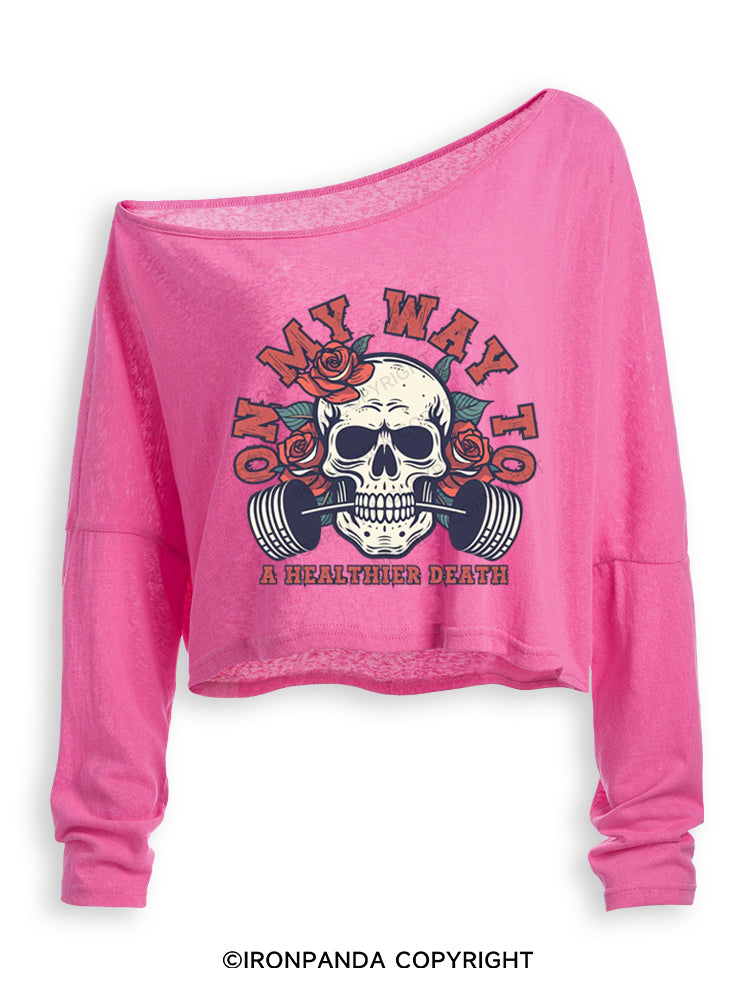 On My Way To A Healthier Death Off Shoulder Long Sleeve Crop Top