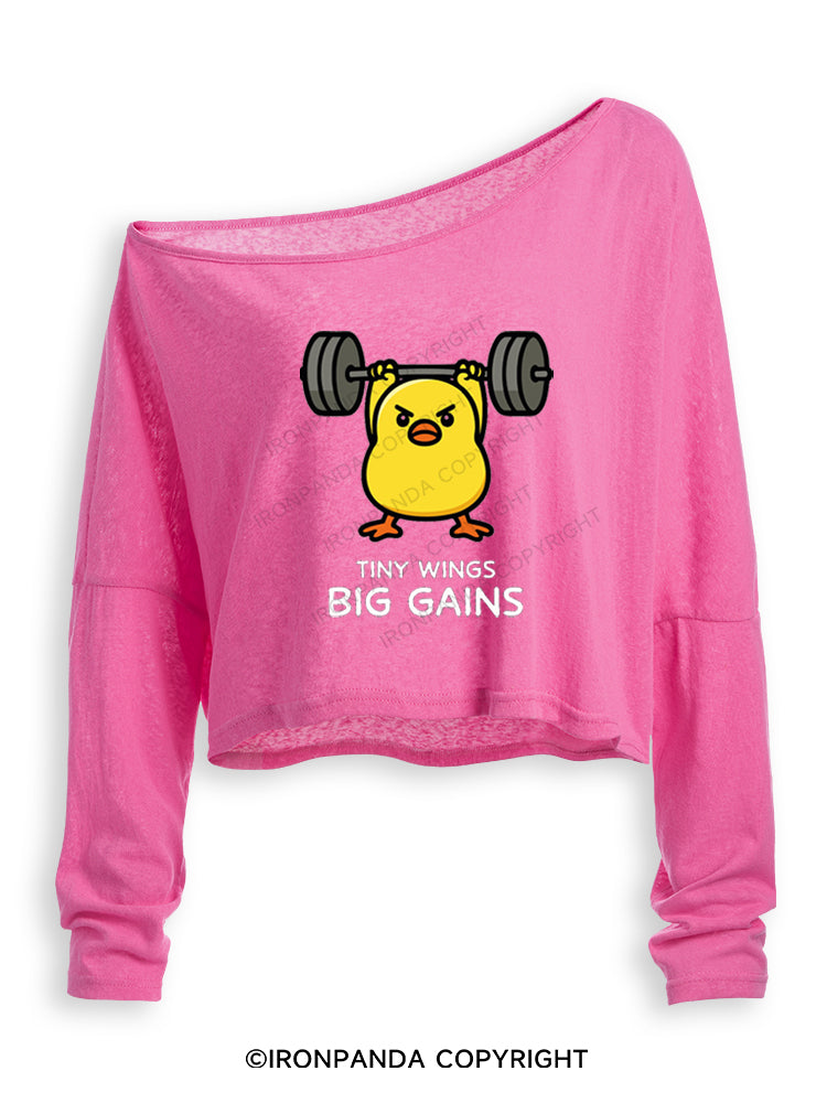 TINY WINGS BIG GAINS Off Shoulder Long Sleeve Crop Top